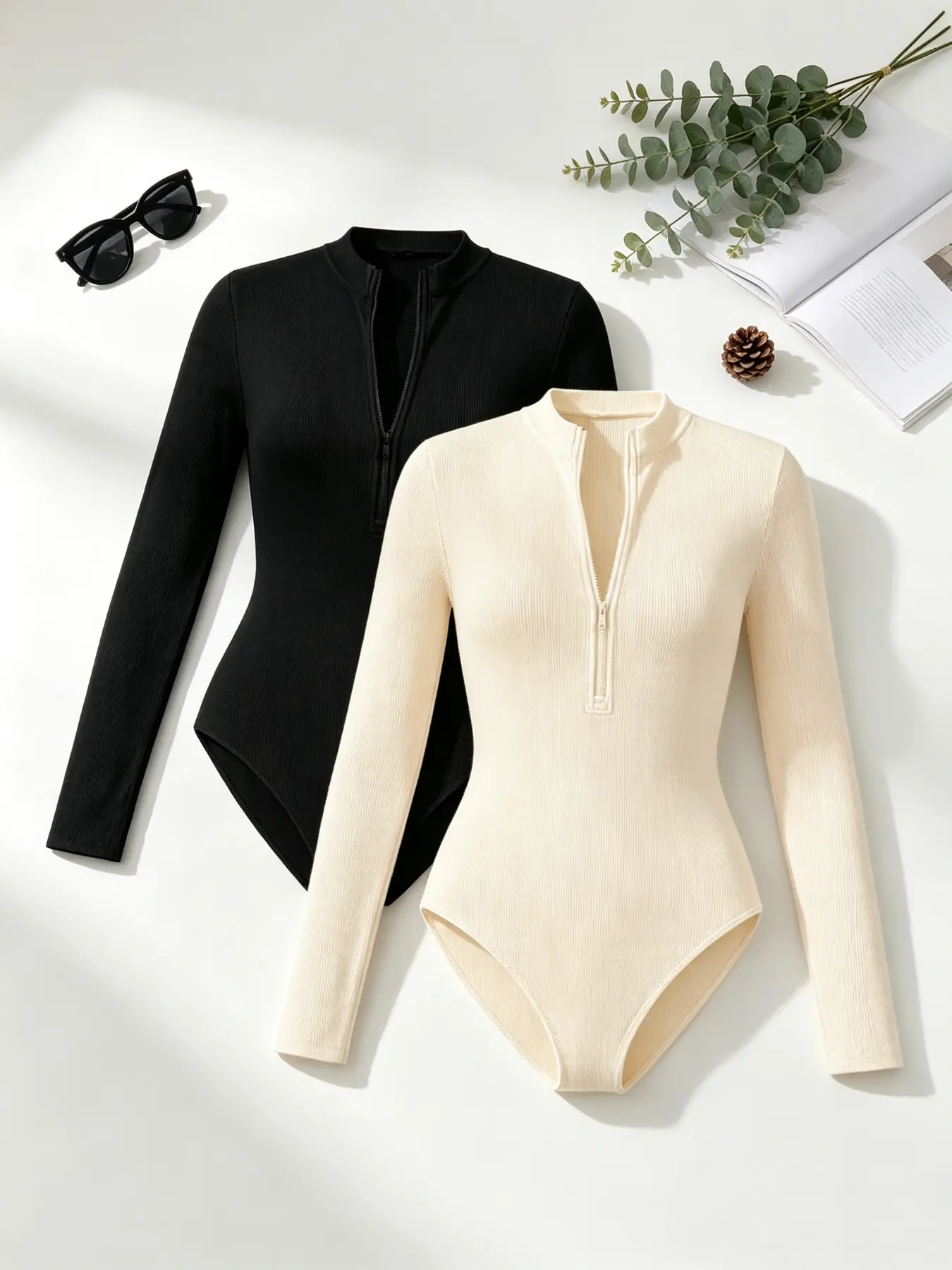 Women's Half-Zip High Neck Long Sleeve Tight Fit Set, Ribbed Knit Elastic Slimming Underwear, Elegant Basic Daily Top, Fitted Bodysuits