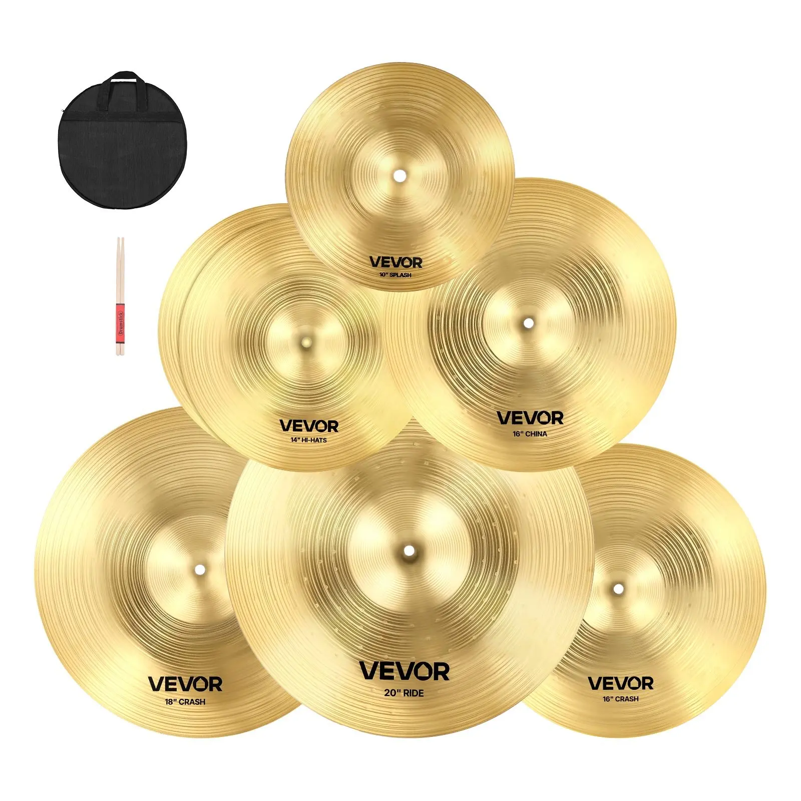 【Summerfinds】VEVOR Bright 6-Piece 201 Stainless Steel Alloy Cymbal Pack with Silent Pads, Drumsticks & Cymbal Bag for Drum Set - 10-in Splash, 14-in Hi-Hats, 16-in Crash/China (0.04 In / 1 Mm), 18-in Crash, 20-in Ride