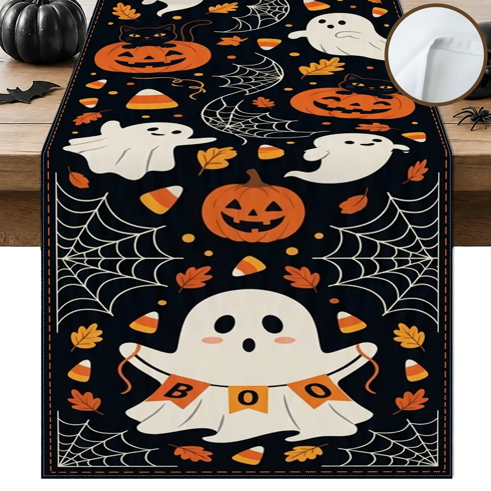 1pc Ghost Pumpkin Spiderweb Table Runner, Cute Halloween Style, Decorative Festive Seasonal Graphic Print, for Dining Table Halloween Party Home Decor Fall Decor