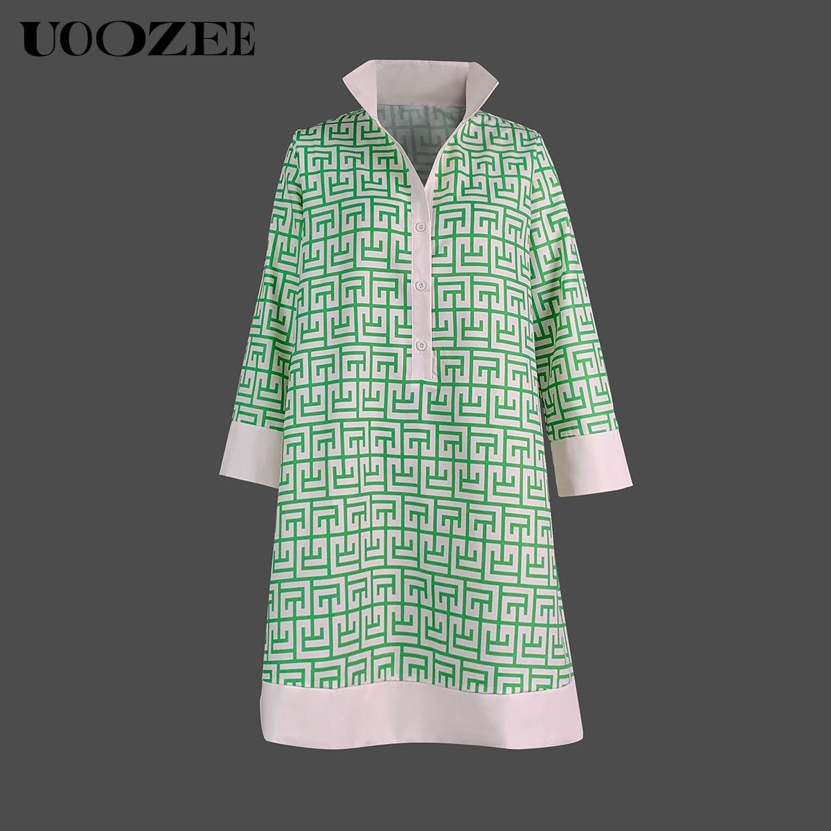 UOOZEE Women's Green Geometric Print Three-Quarter Sleeve Buttoned Collared Mini Dress Casual Summer Shirt Style Stylish Design No Stretch Cotton Blend Soft Everyday Wear Womenswear Spring UOOZEE Women's Green Geometric Print Three-Quarter Sleeve Buttoned Collared Mini Dress Casual Summer Shirt Style Stylish Design No Stretch Cotton Blend Soft Everyday Wear Womenswear Spring