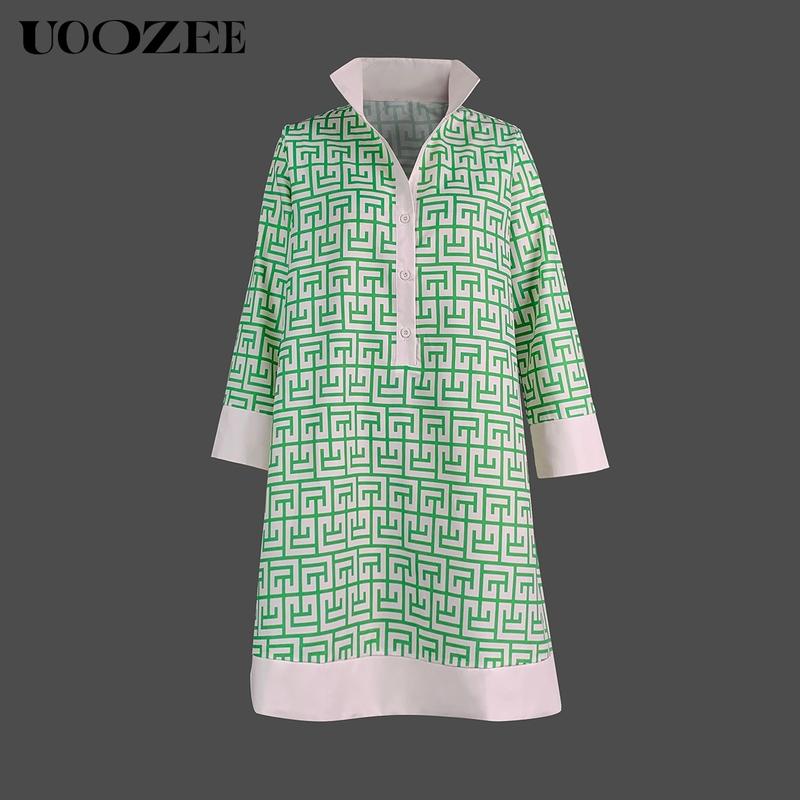 UOOZEE Women's Green Geometric Print Three-Quarter Sleeve Buttoned Collared Mini Dress Casual Summer Shirt Style Stylish Design No Stretch Cotton Blend Soft Everyday Wear Womenswear Spring UOOZEE Women's Green Geometric Print Three-Quarter Sleeve Buttoned Collared Mini Dress Casual Summer Shirt Style Stylish Design No Stretch Cotton Blend Soft Everyday Wear Womenswear Spring
