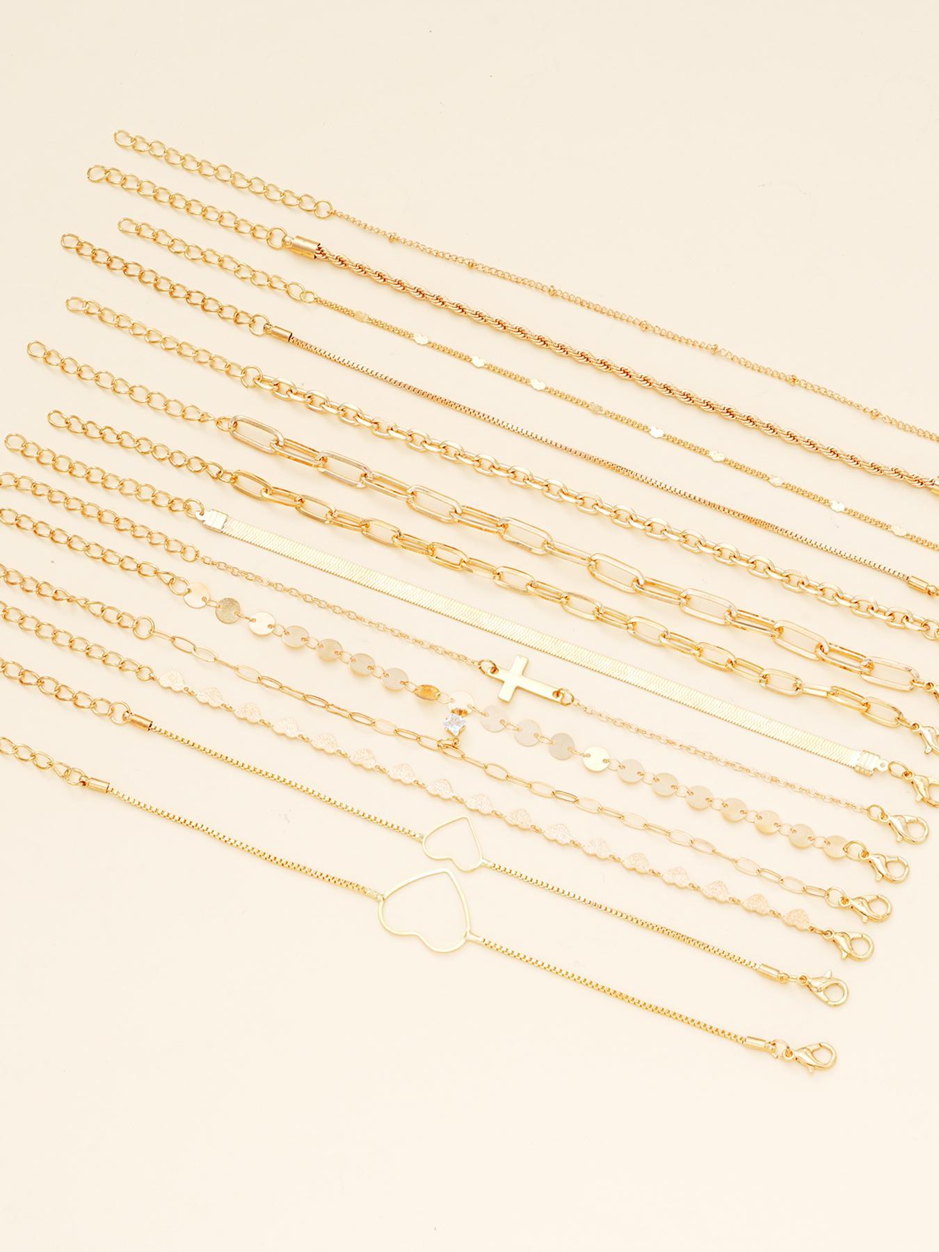 Women's Elegant Stackable Bracelets Set, 14pcs/set Cross & Heart Design Link Bracelet & Chain Bracelet, Fashion Casual Trendy Jewelry for Party, Daily Decor, Trendy All-match & Exquisite Jewelry for Birthday Gift