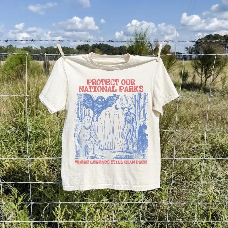 Cryptid National Parks T-Shirt 90s Protect Our Parks Vintage Camping Hiking Tee Retro Wanderlust T-Shirt Fantasy Creatures Tee