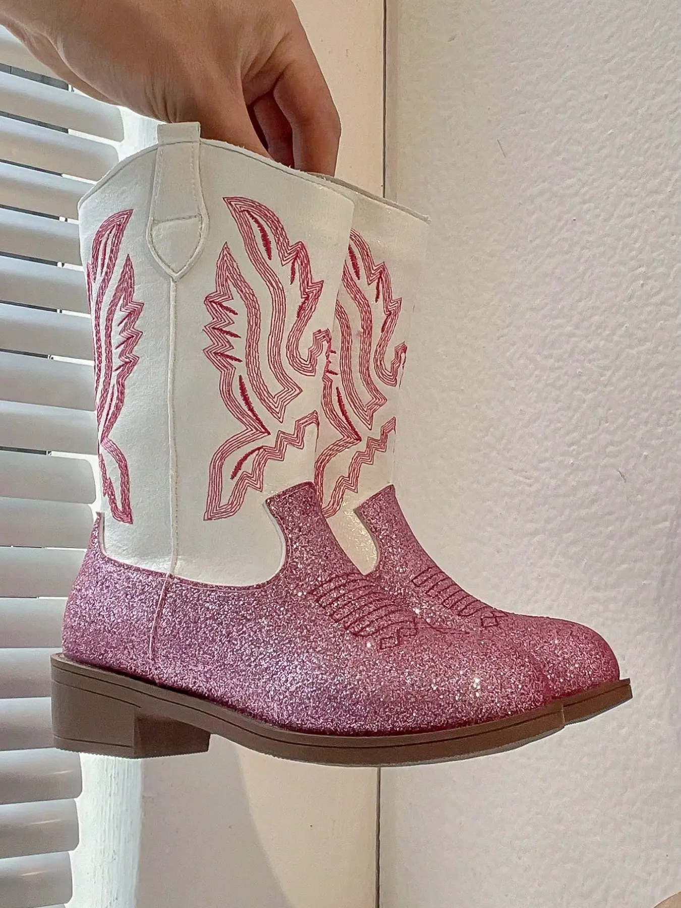 Girls' Western Cowgirl Embroidered Boots, Glitter Embroidery, Mid-Calf, Chunky Heel, Non-Slip Soft Sole, Party, Picnic, Photo, All Seasons
