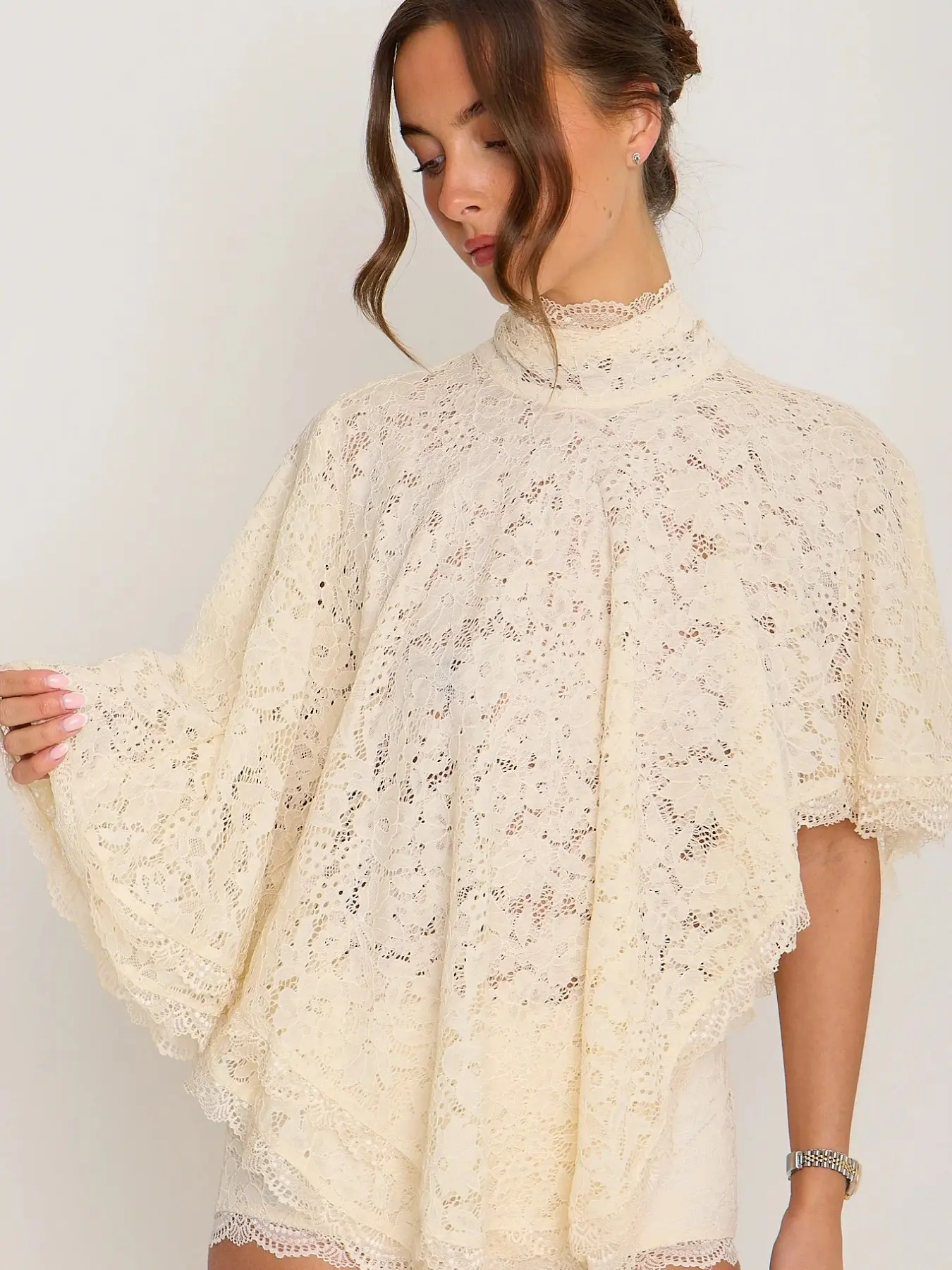 Cream Lace Half-Neck Cape Short Sleeve Top, Loose Batwing Sleeves, French Style, Versatile for Multiple Occasions