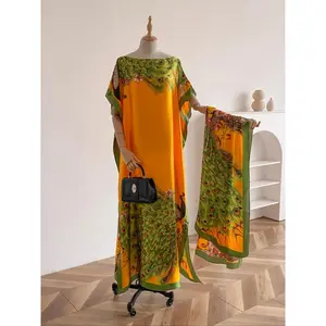 Women's Peacock Print Cape Shawl & Scarf Set, Elegant Beach Cover-Up For Holiday Vacation, Swimsuit Cover Up