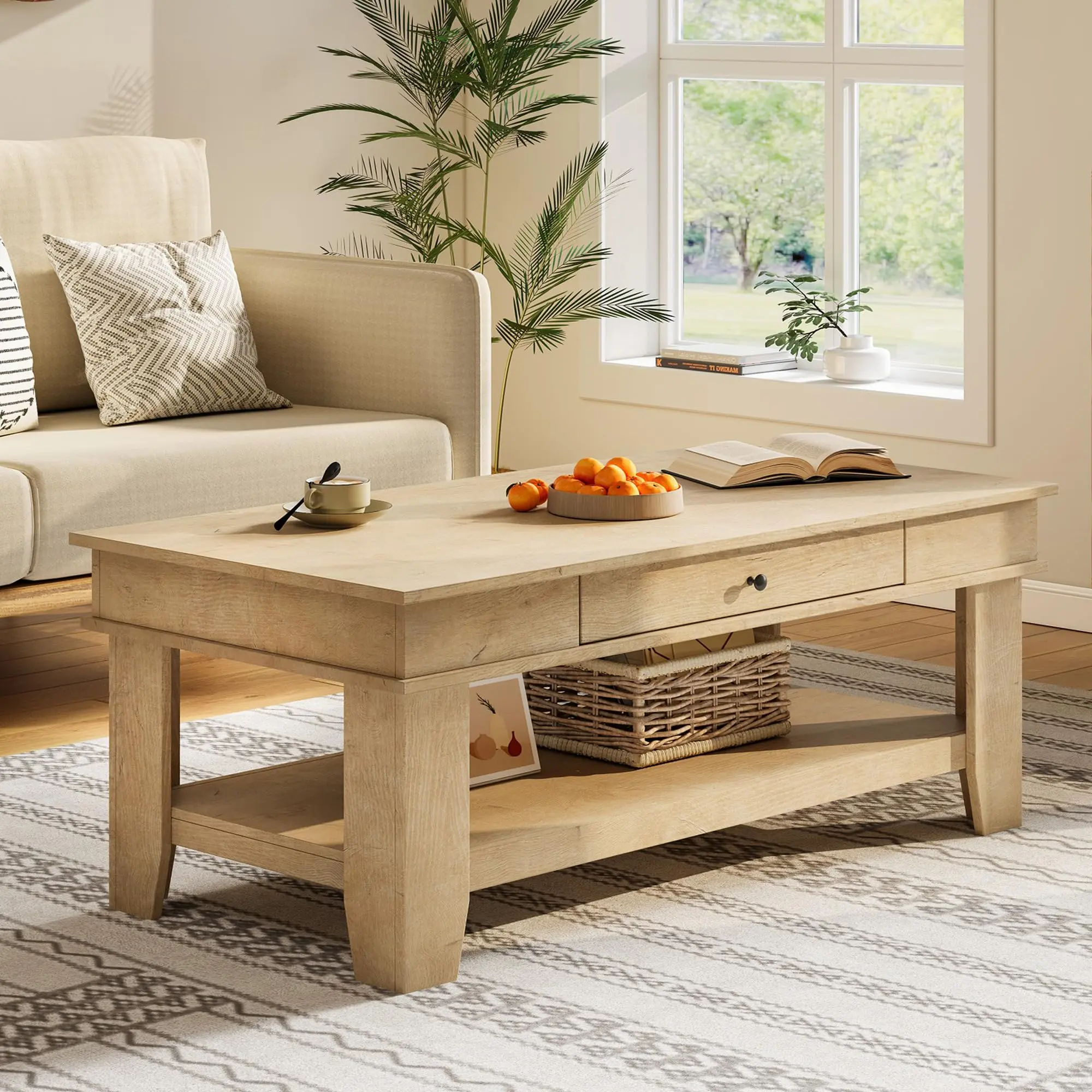 47.2" Rectangular Wooden Modern Farmhouse Coffee Table - Black Heavy Duty Pick, Spacious Storage Drawer, Easy-Clean Surface, 300 LBS Capacity, Sturdy Living Room Center Piece for Entertaining