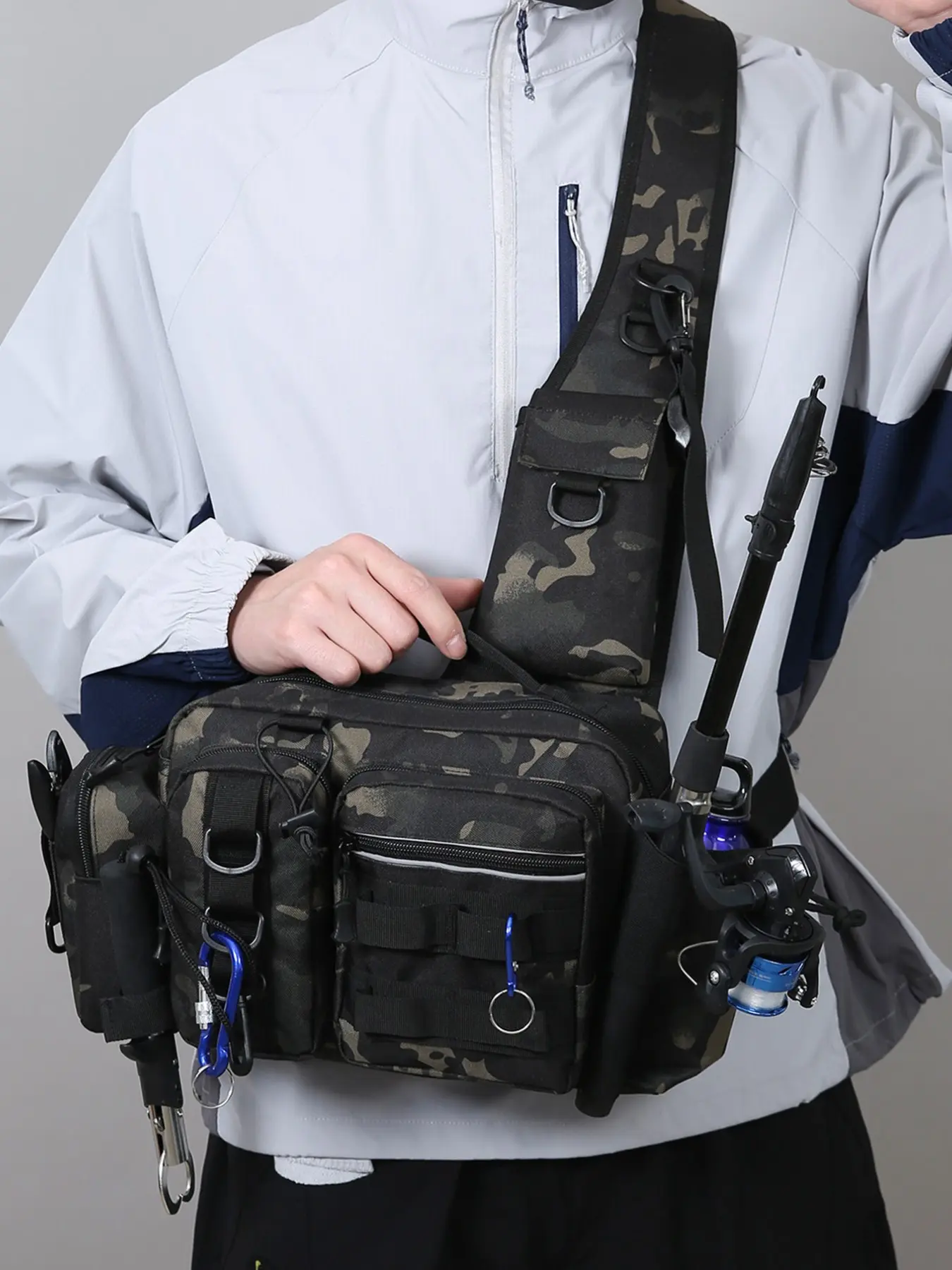 Fishing Tackle Box Bag Single Shoulder Crossbody Tactical Bags with Adjustable Strap,Outdoor Multi-Functional Fishing Backpack, Suitable for Fishing, Hiking, Camping - Camouflage with Lace-Up Detail