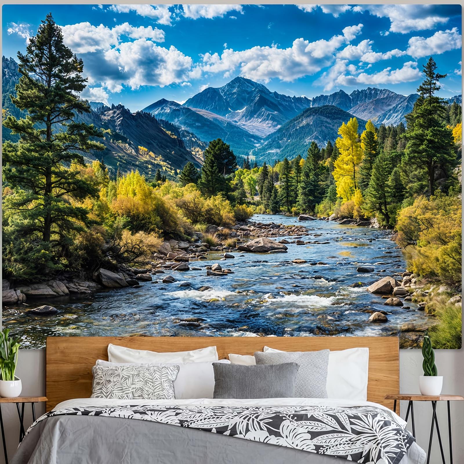 Nature Forest Mountain Tapestry Wall Hanging, Green Pine Tree Scenic Landscape with White Clouds Flowing River, Aesthetic Room Decor for Bedroom Living Room Dorm Office