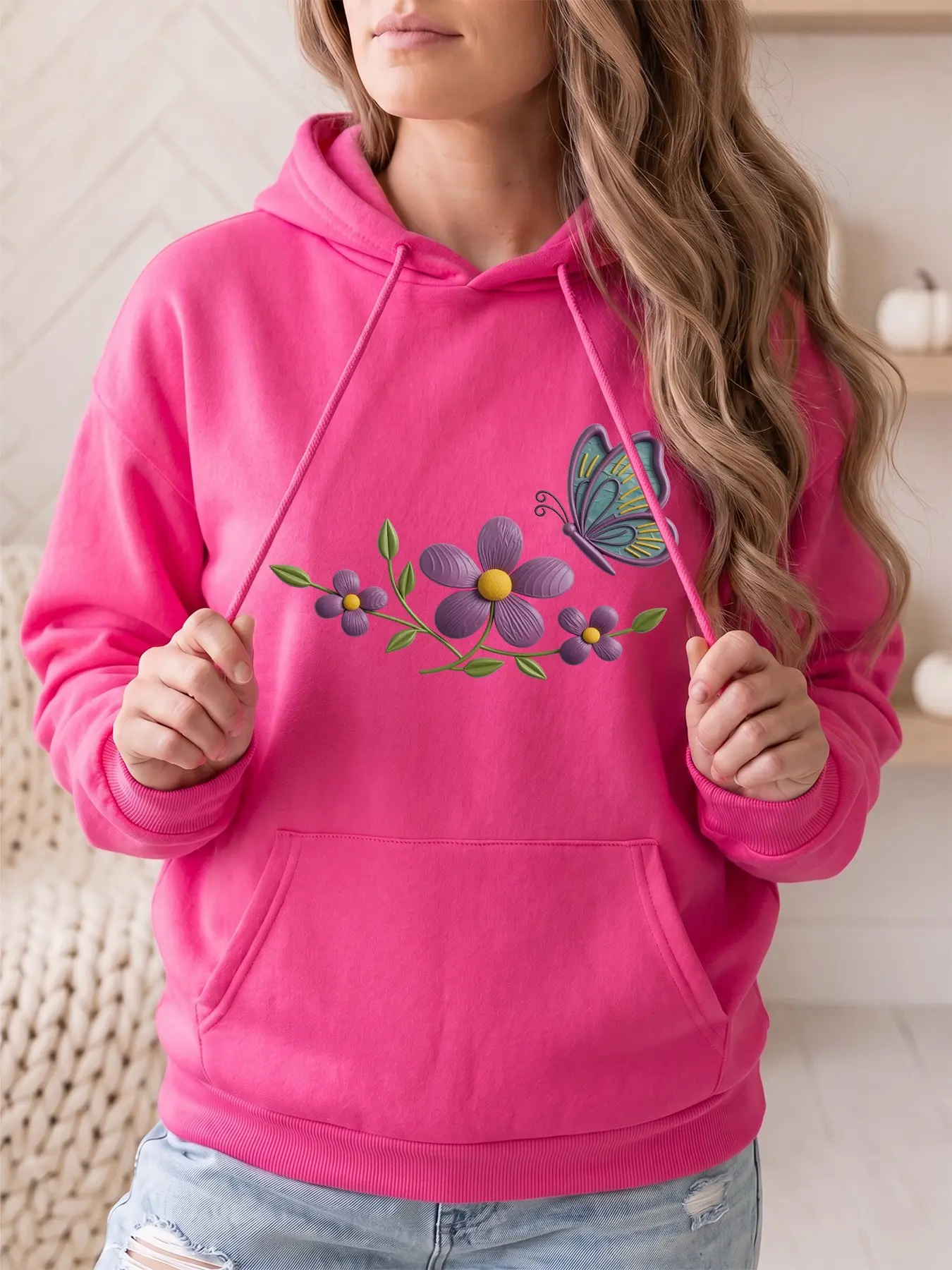 Women's Fashion Hooded Sweatshirt, Floral Butterfly Print, Drawstring Kangaroo Pocket, Fall Winter Casual Sports Top, Party Wear