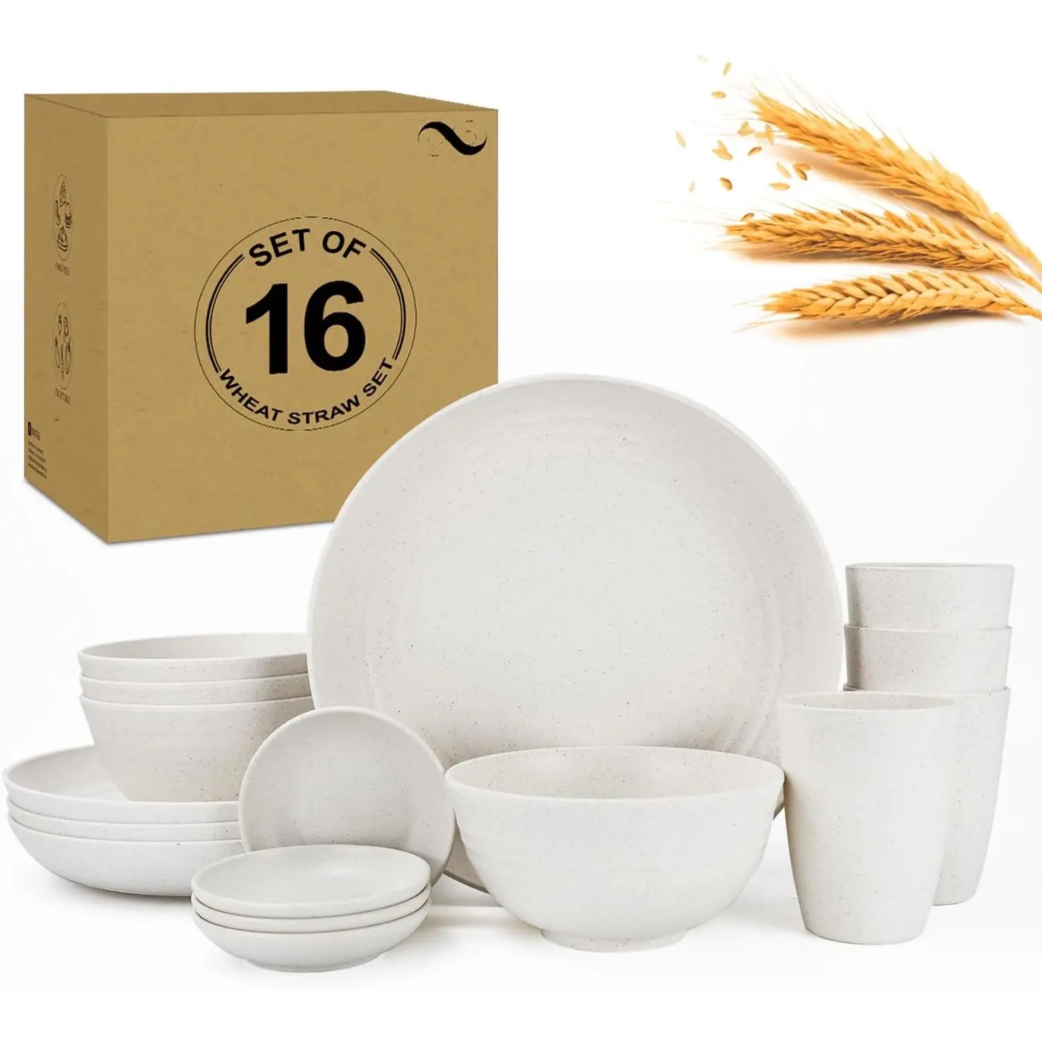Wheat Straw Dinnerware Set for 4 Unbreakable Plates Bowls and Cups Set 16 count Dishwasher & Microwave Safe Dishes Set for RV,Camping,Kitchen Essentials-White