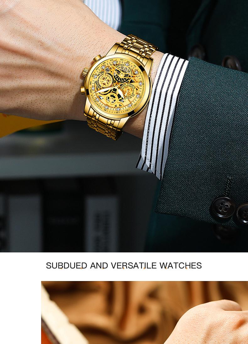 Men's Luxury Gold Skeleton Quartz Watch - Fully Iced Out Diamond Encrusted Wristwatch with Chronograph Tachymeter, Date Display, Stainless Steel Band, Perfect Gift for Him