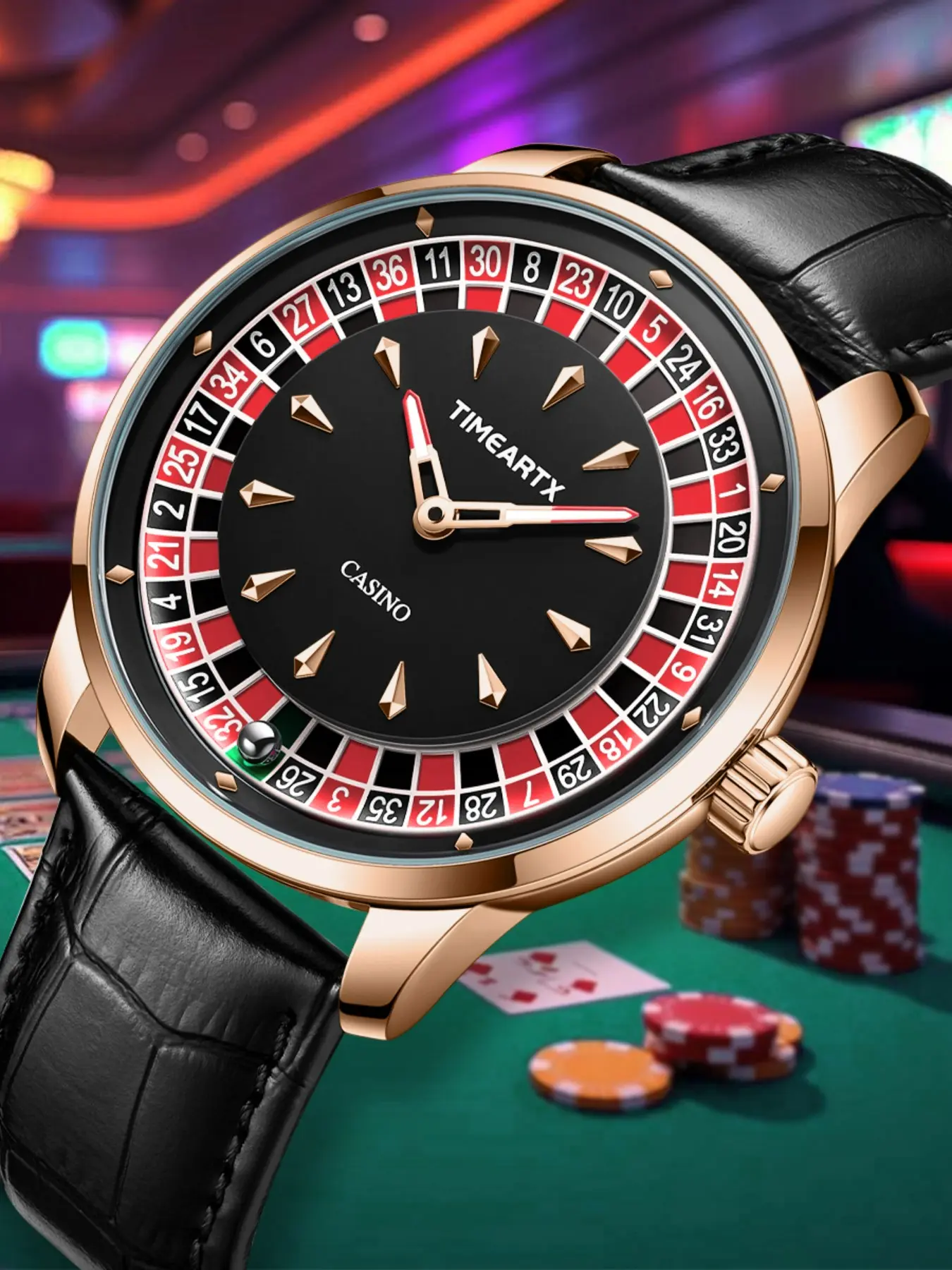 Timeartx Men's Quartz Watch, European Roulette Style, Poker Game Fashion, Statement Watch, Leather Strap, Analog Face, Round Shape, 44mm Diameter