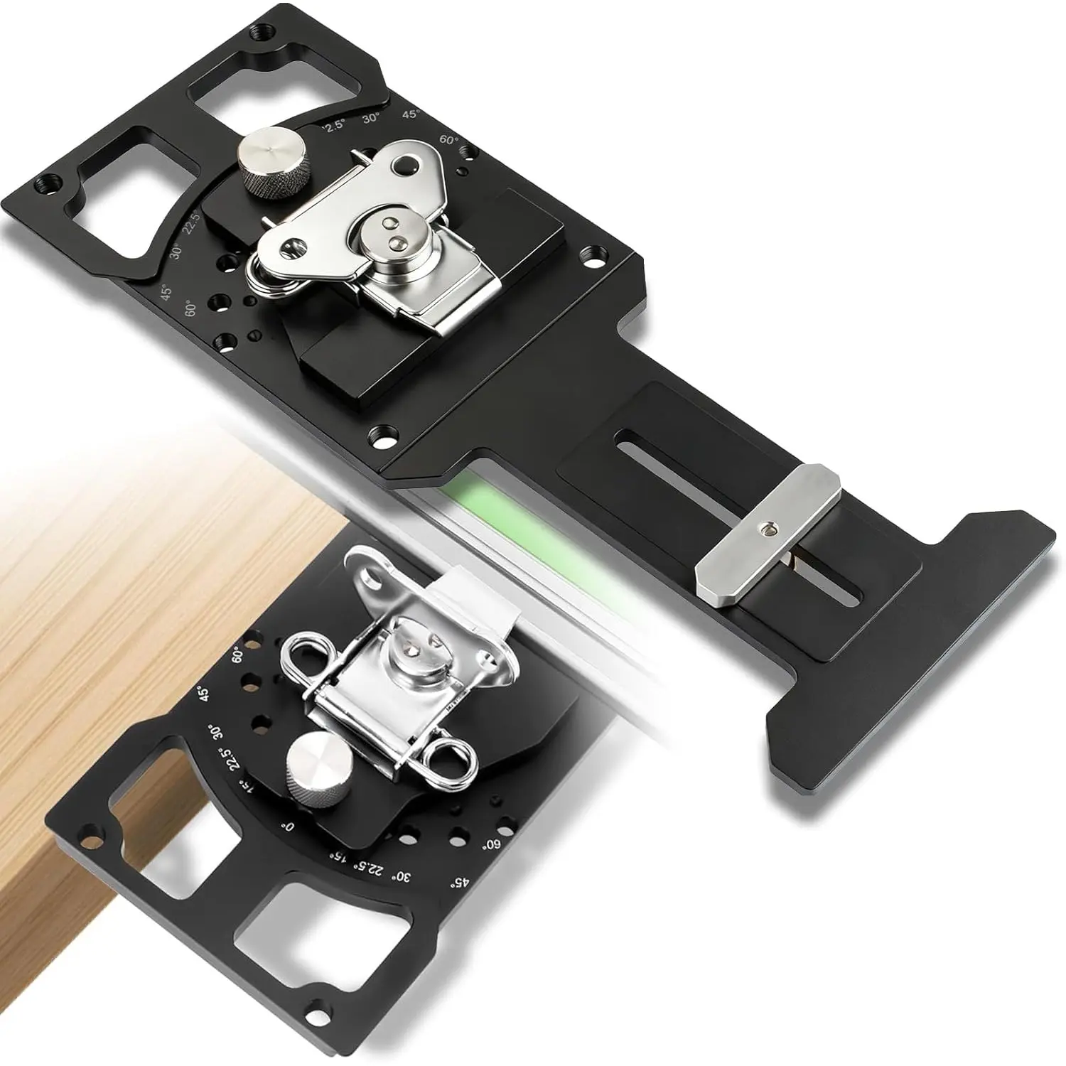 Adjustable-Angle Track Saw Square Guide — Features 11 fixed angle settings (-60° to 60°); compatible with most woodworking and DIY track saws; made of aluminum alloy; suitable for woodworking, DIY projects, and construction.