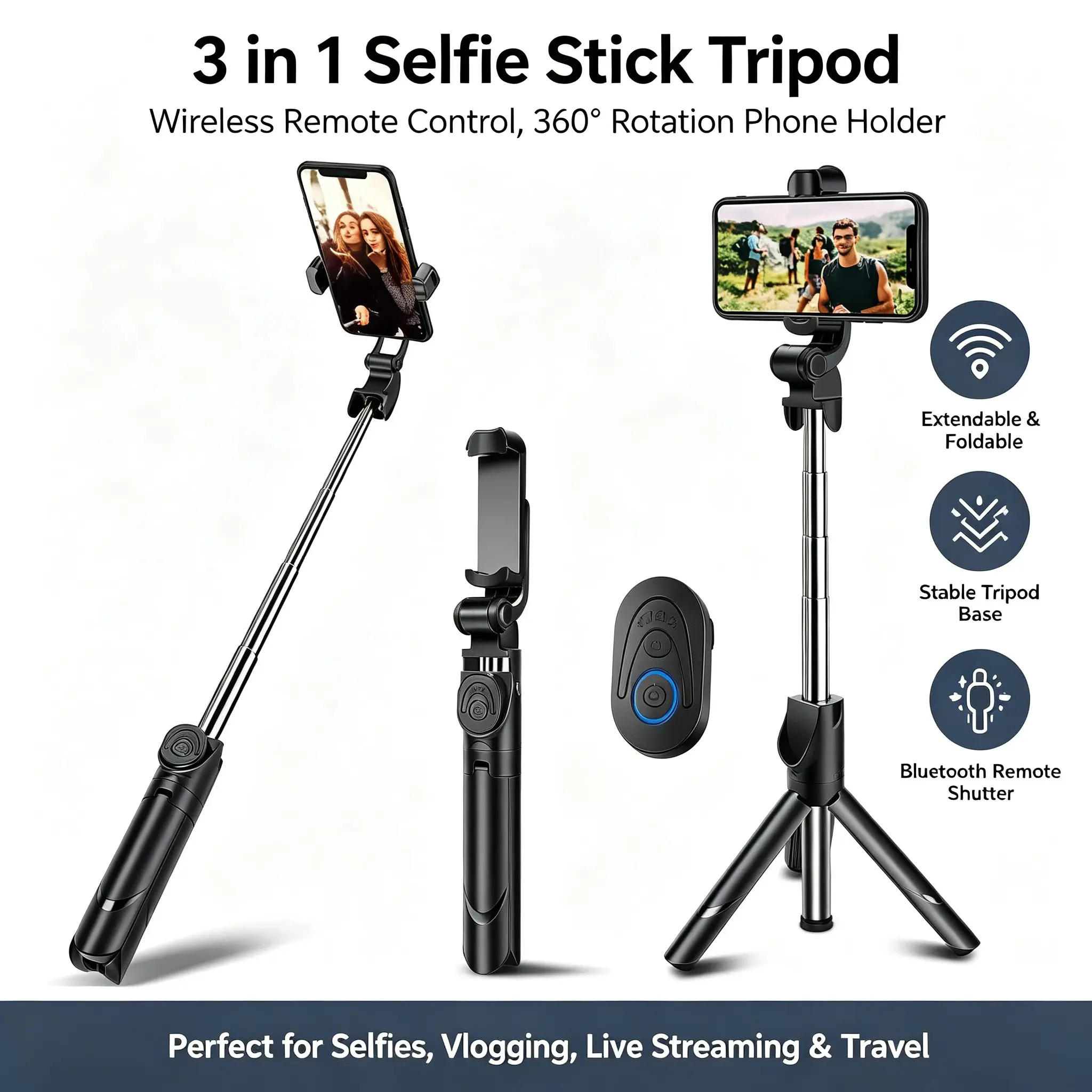 Foldable Extendable Selfie Stick Tripod, 360° Rotatable Adjustable Phone Stand, Universal Smartphone Holder for Selfies, Live Streaming, Travel Vlogs