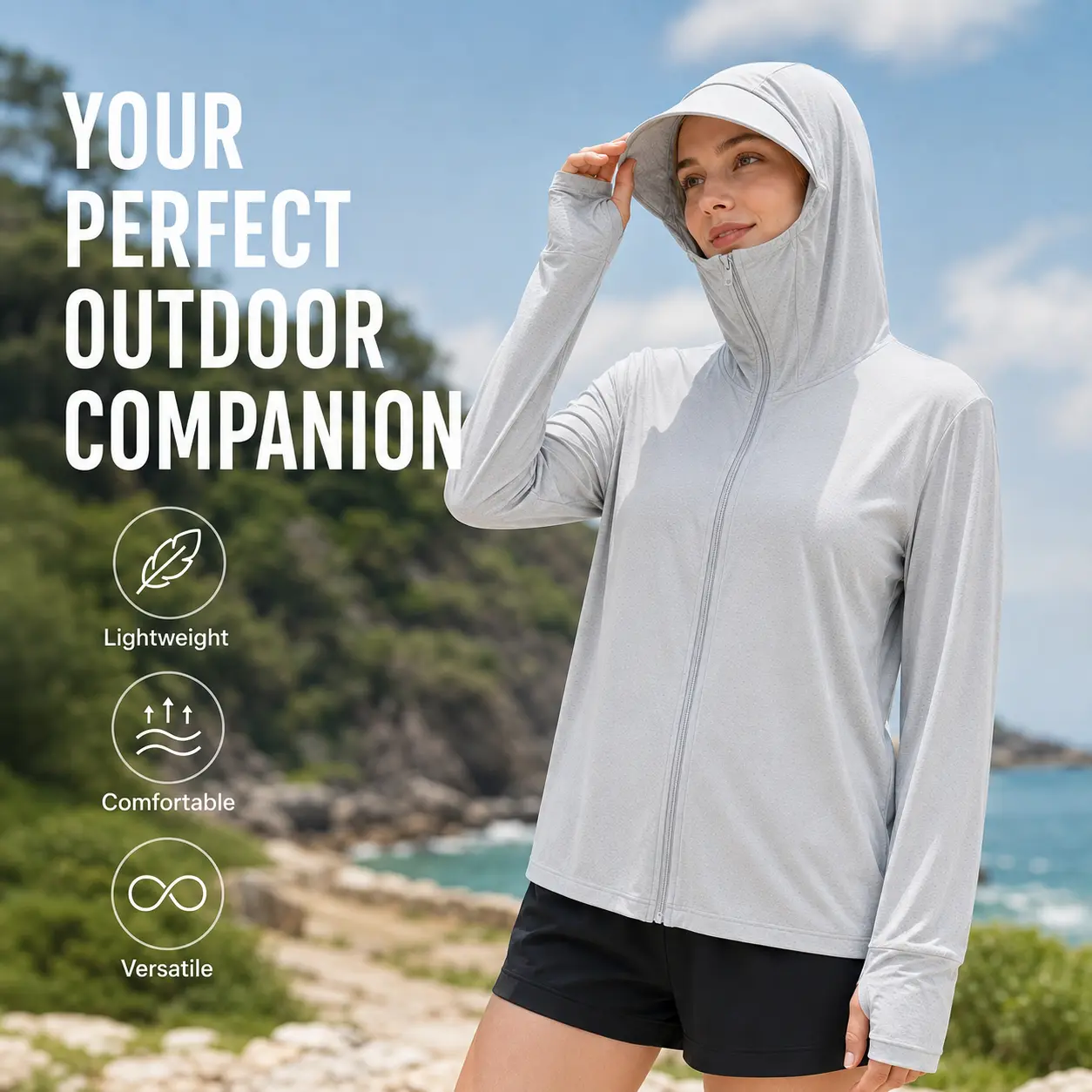 Unisex UPF 50+ Sun Protection Hoodie Jacket, Lightweight Breathable Quick-Dry Full-Zip Outdoor Wear with Stretch Mesh Fabric, Face Hood, Thumbhole Cuffs, Hidden Zipper Pockets for Summer Hiking/Fishing