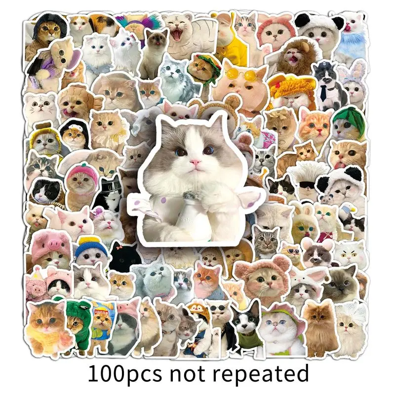 100 sets of cute cat-themed funny emojis, animal kitten decorative stickers for mobile phones and water cups