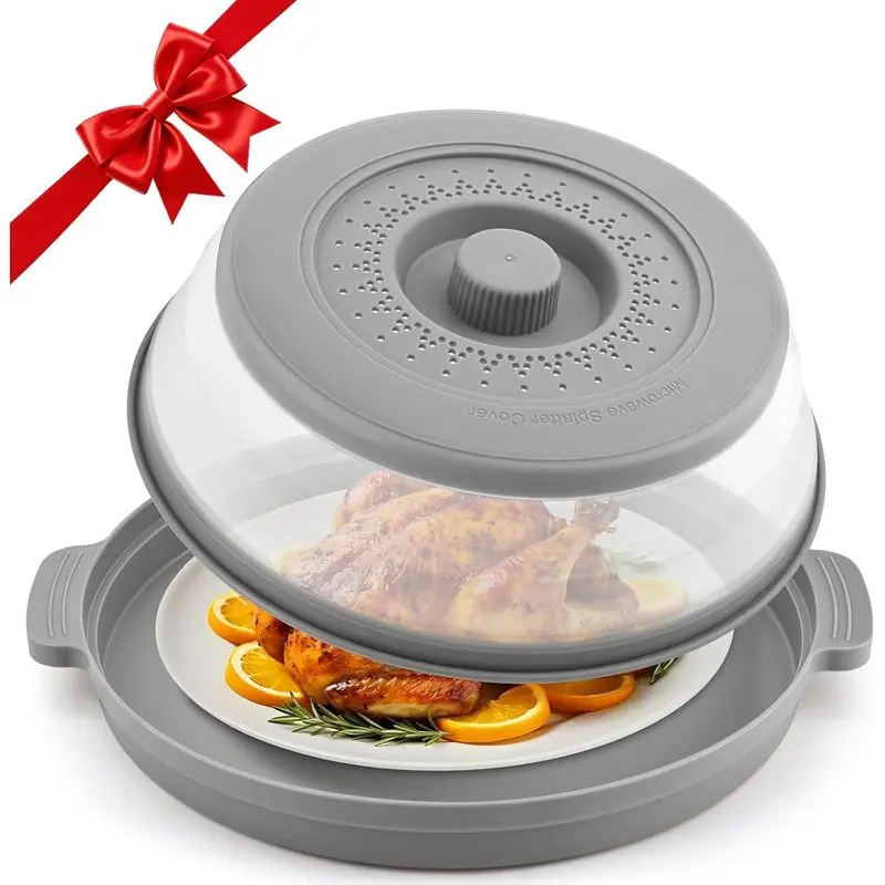 10.7-inch Collapsible Microwave Splatter Cover, Ventilated Silicone Food Guard with Base Plate and Handles for Reheating, Meal Prep, and Kitchen Use, 1PCS