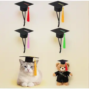 Mini Graduation Caps, 4 Pack Black Mini Graduation Caps with Gold Red Pink and Green, Small Animal Bachelor Hats for Adjustable Pet Graduation Photo Props Cat Dog Holiday Costume Accessories