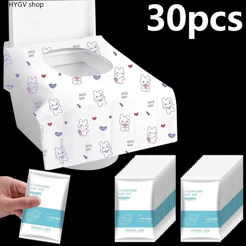 30Pcs Waterproof Disposable Toilet Seat Protectors Designed With Cute Rabbit And Heart Prints, Thin Portable Sanitary Liner Accessory Fit Inside Bags And Luggage, Practical Hygiene Supply For Travel And Shared Public Washrooms