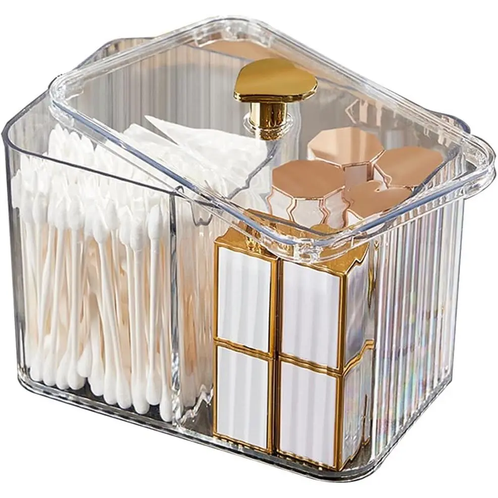 Qtips Holder Bathroom Container,3-Section  Ball/Swabs Dispenser,3 Grids  Jar Organizer,  Storage for