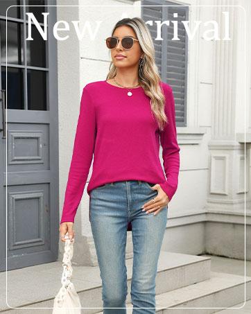 Wiholl Womens Long Sleeve Round Neck Shirts Side Split Basic Loose Tunic Tops Casual 2025 Crewneck Womenswear