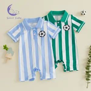 Baby Football Romper Striped Soccer Ball Print Short Sleeve Half Button-up Collared Jumpsuit for Infant Boys Girls