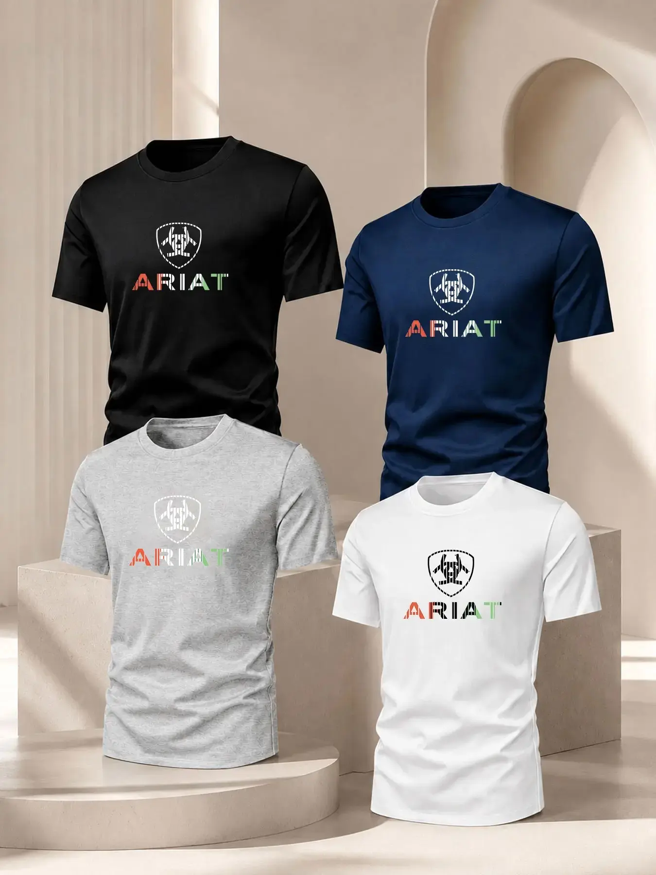 4-Piece Men's Printed Short Sleeve T-Shirt Set, Streetwear, Travel, Gym, Shield Badge Design, Vintage Style, Comfortable Fabric, Unisex