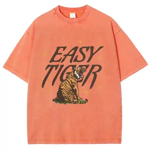 Vintage-wash loose-fit distressed T-shirt with "Easy Tiger" lettering and tiger print.