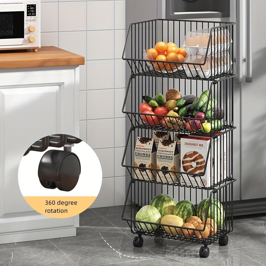 Metal Wire Stackable Kitchen Storage Basket with Wheels, 1 Count Multi-layer Snack Sundries Storage Rack, Household Kitchen Accessories Organizer