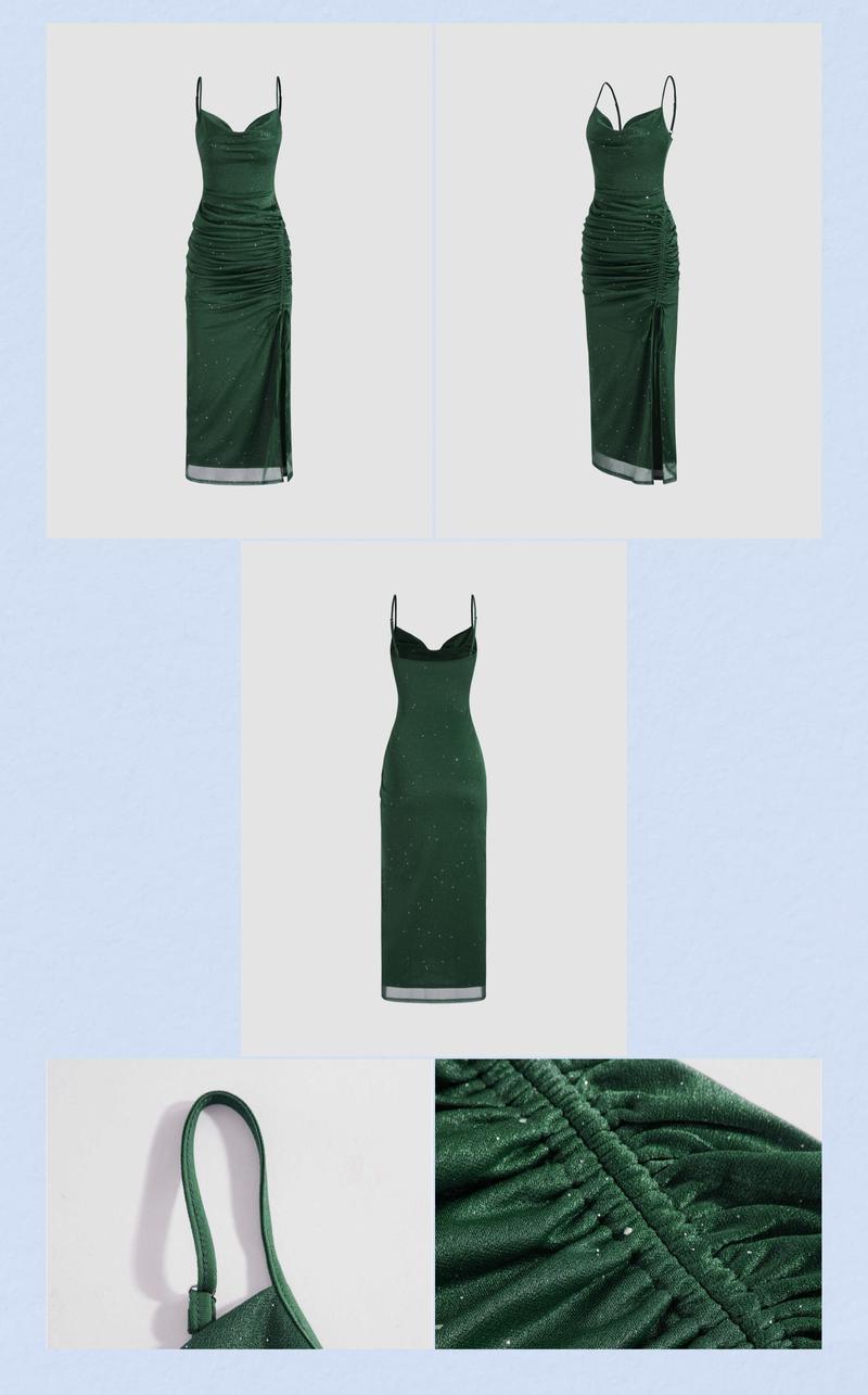 Cider [2 colors, size 0-26] Cowl Neck Solid Glitter Drawstring Maxi Dress