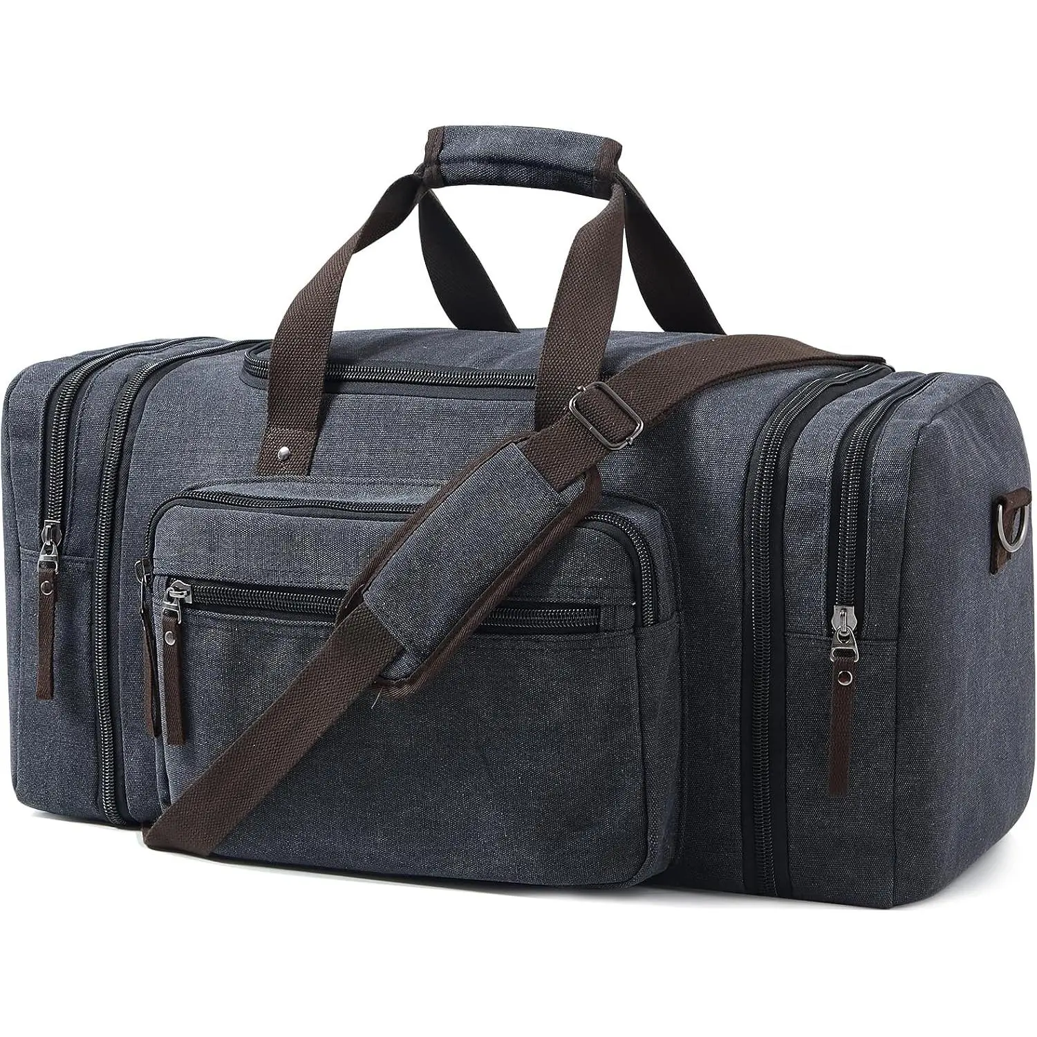 Large Canvas Duffle Bag for Travel, Expandable 55L Weekender bags | Features Luggage Trolley Sleeve, Multi-Pockets for Traveling, Overnight Airplane Carry- Bag for Men & Women - Dark Grey