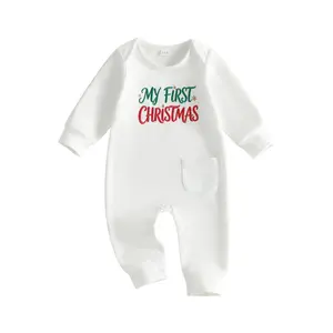Infant Baby Boy Girl Christmas Romper Letters Embroidery Long Sleeve Jumpsuit Fall Winter 0-18 Months
