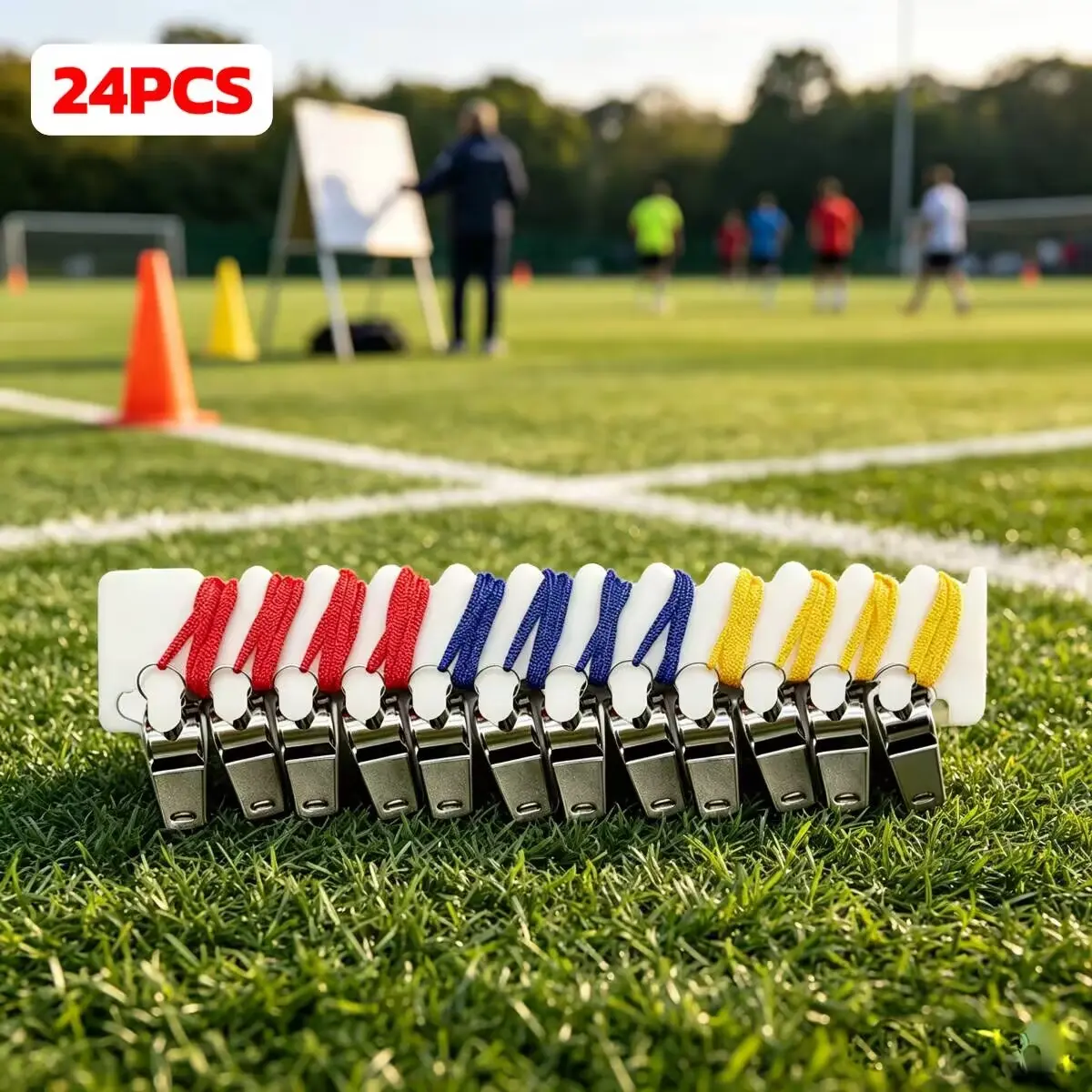 24-Pack Metal Whistles, Durable Metallic Material, Clear Loud Sound, Ideal for Coaches & Referees, Includes Lanyard, Multi-Functional Design