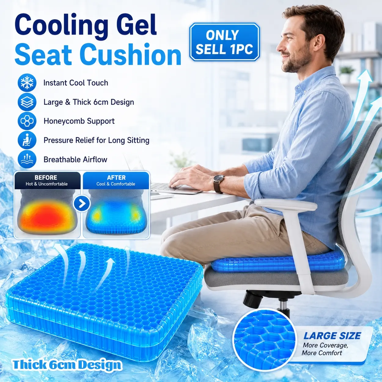 Cooling Gel Seat Cushion for Office Chair and Car, Summer Honeycomb Double-Layer TPE Gel Pad 42x37x6cm, Breathable Airflow Pressure Relief Non-Slip Chair Cushion for Long Sitting, Desk Work, Driving, Wheelchair, Home Office Travel Use