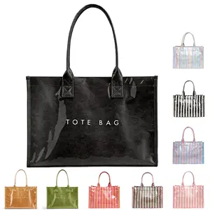 PVC Tote Bag for Women, Waterproof Large Capacity Work & Beach Tote, Kraft Paper Shoulder Handbag with Top Handle for Travel & Everyday Use