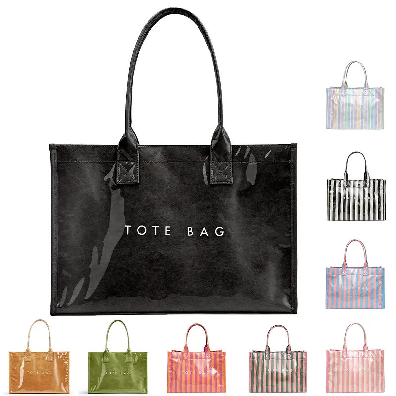 PVC Tote Bag for Women, Waterproof Large Capacity Work & Beach Tote, Kraft Paper Shoulder Handbag with Top Handle for Travel & Everyday Use