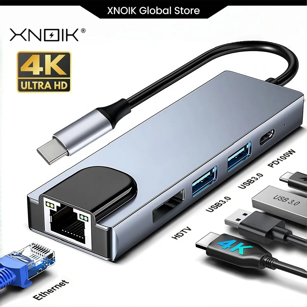 5-In-1 USB-C 3.2 Adapter, Multiport Expander, Supports 100w PD Fast Charging, 4K HDMI, Ethernet, 2x USB-A, 1x USB-C, Light