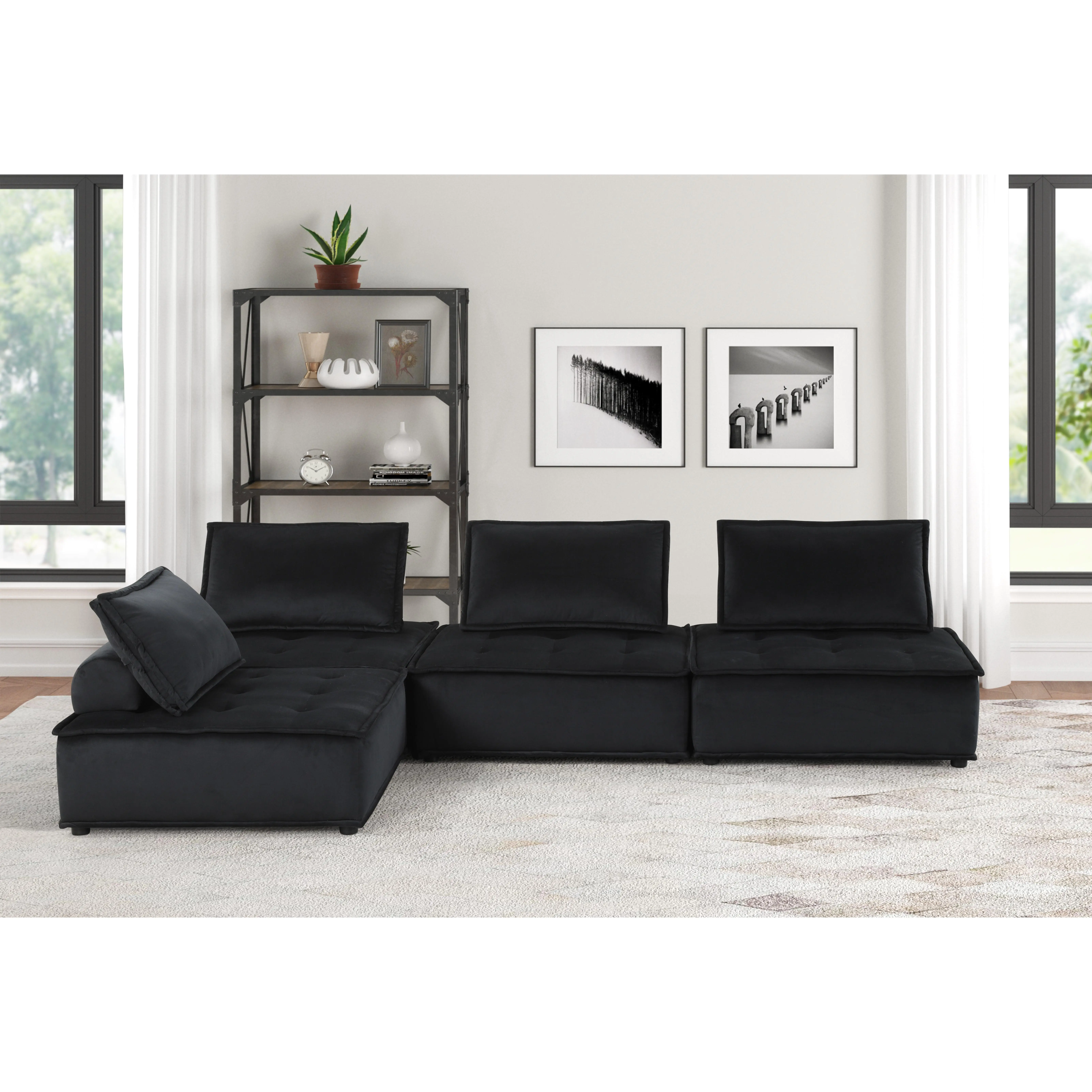 Nokaa 4-Seat Modular Sectional Sofa, 120" Wide Black Velvet Couch with Tufted Seat, Foam & Pocket Coil Springs, 14.5" Seat Height, 25.5" Seat Depth, 2" Leg Height, Living Room Furniture, 4-Piece Set