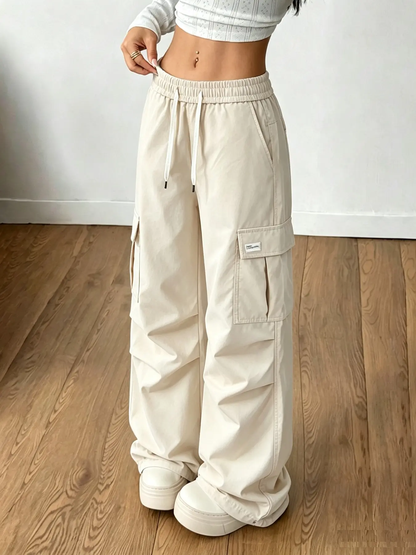 Women's Straight Leg Sport Pants, Multi-Pocket Wide Leg Workwear, Elastic Waist Casual Daily Hip-Hop Long Pants, All-Season Wear
