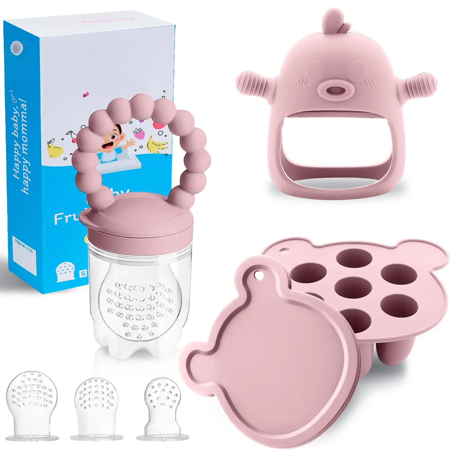 3-in-1  Food & Fruit Feeder Set – Breastmilk Popsicle Mold with Freezer Tray, Teething Relief Toy, BPA Free Infant Silicone Feeding Combo, 3 Bonus Sizes (S/M/L) Sacs (Blush) New model baby dinnerware utensil