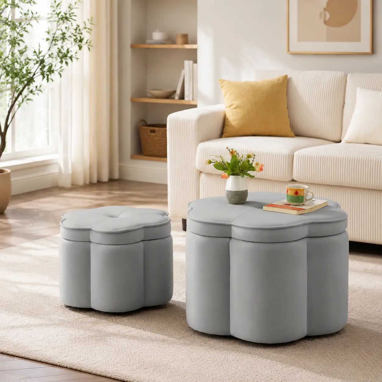 Littleox Set of 2 Ottoman with Storage,Flower Shape Petal Ottoman,Upholstered Velvet Storage Ottoman Bench,for for Living Room, Living Room and Entryway
