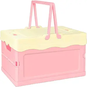 Pastel Plastic Storage Bin with Lid Small Cute Foldable Crates Colorful Storage Containers for Classroom Kitchen Office Bedroom Desktop Home Decor (Pink)