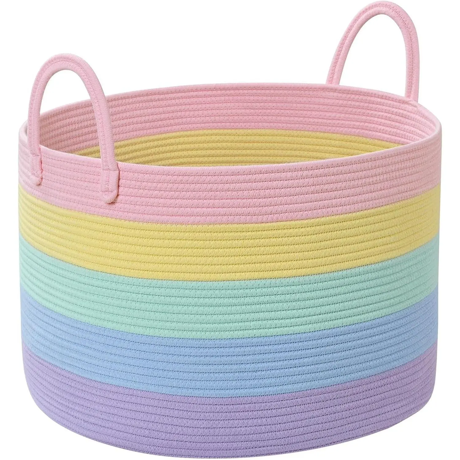 67L Large Round Shape Cotton Rope Rainbow Basket with Handles, Baby Laundry Hamper, Kids Toy Storage for Classroom & Nursery, Soft Stuffed Animal & Dog Toy Bin - 20"x13", Light Rainbow, Rainbow Stripes