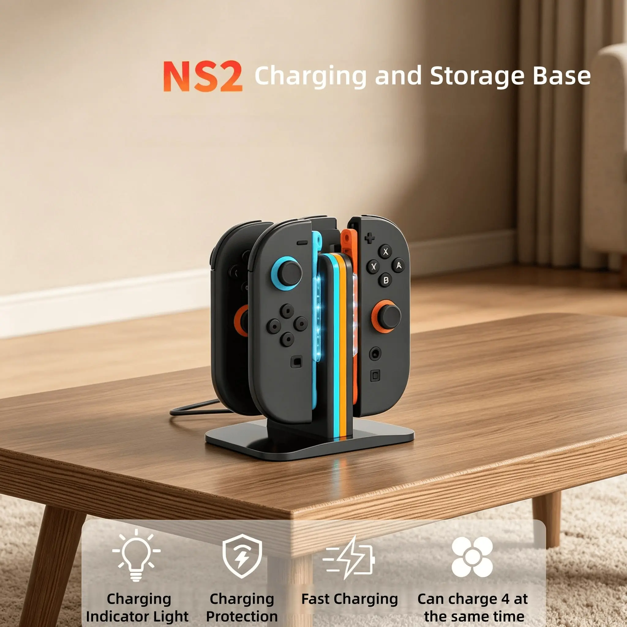 Square Four-Slot Charging Base for Ns2 Joycon Controller, Game Handheld Charger Stand, Compatible with Nintendo Switch Accessories