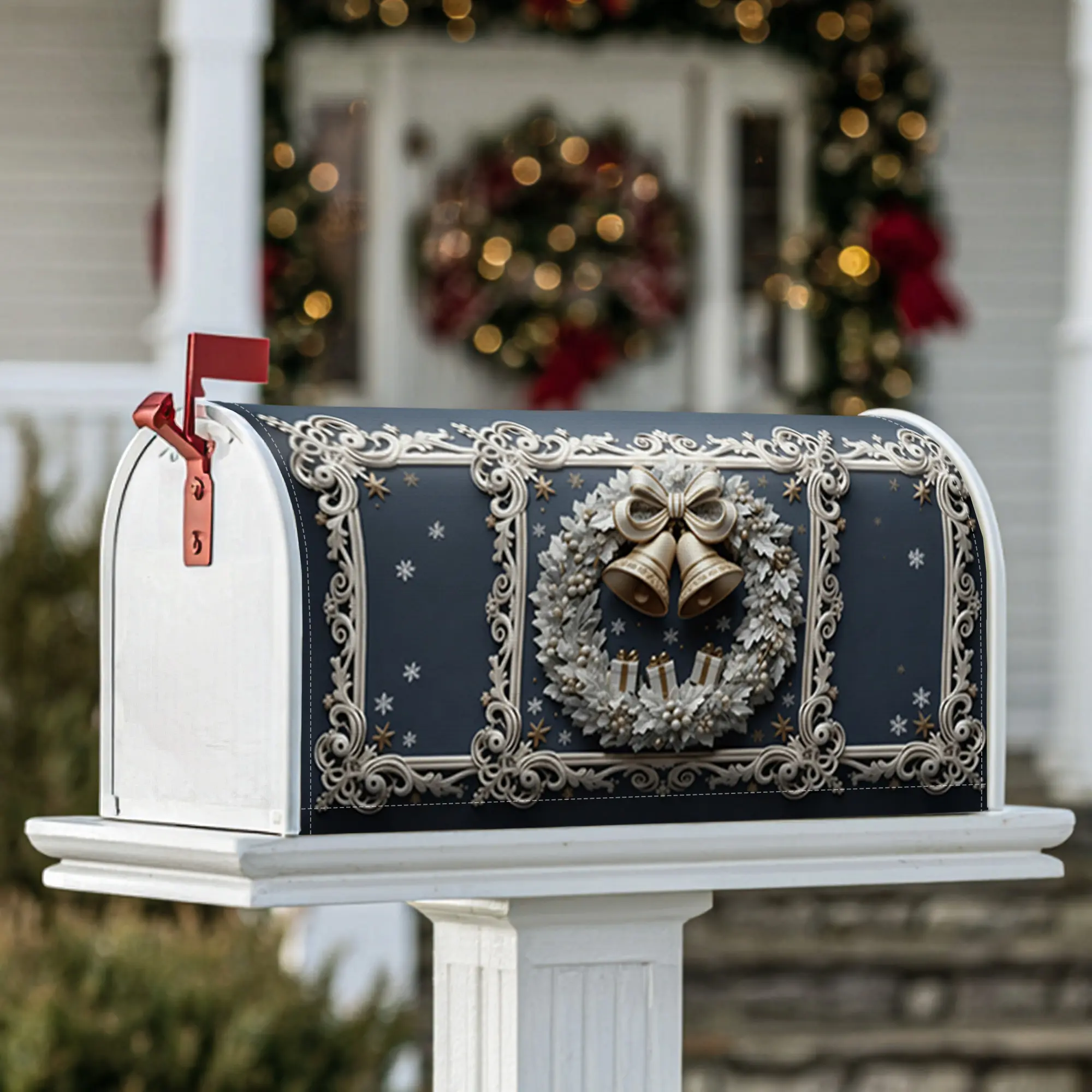 wreath Magnetic Mailbox Covers, Christmas festive bells ribbon Christmas navy Mail Box Covering for Home Garden Decorations