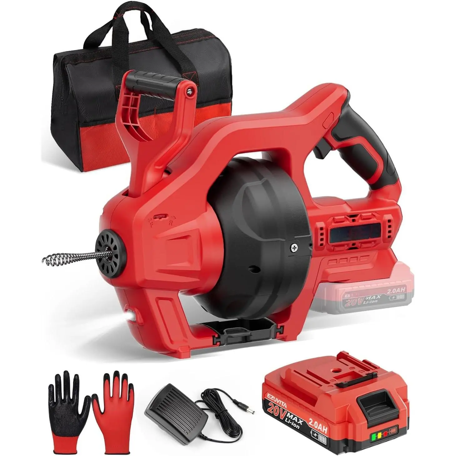 20V Model Cordless Electric Drain Snake Drain Cleaning Machine - 25Ft Replaceable Cable, 2.0Ah Battery, Charger, Bag, Gloves, Feed Handle for 3/4"-2" Pipes (DIY Users)