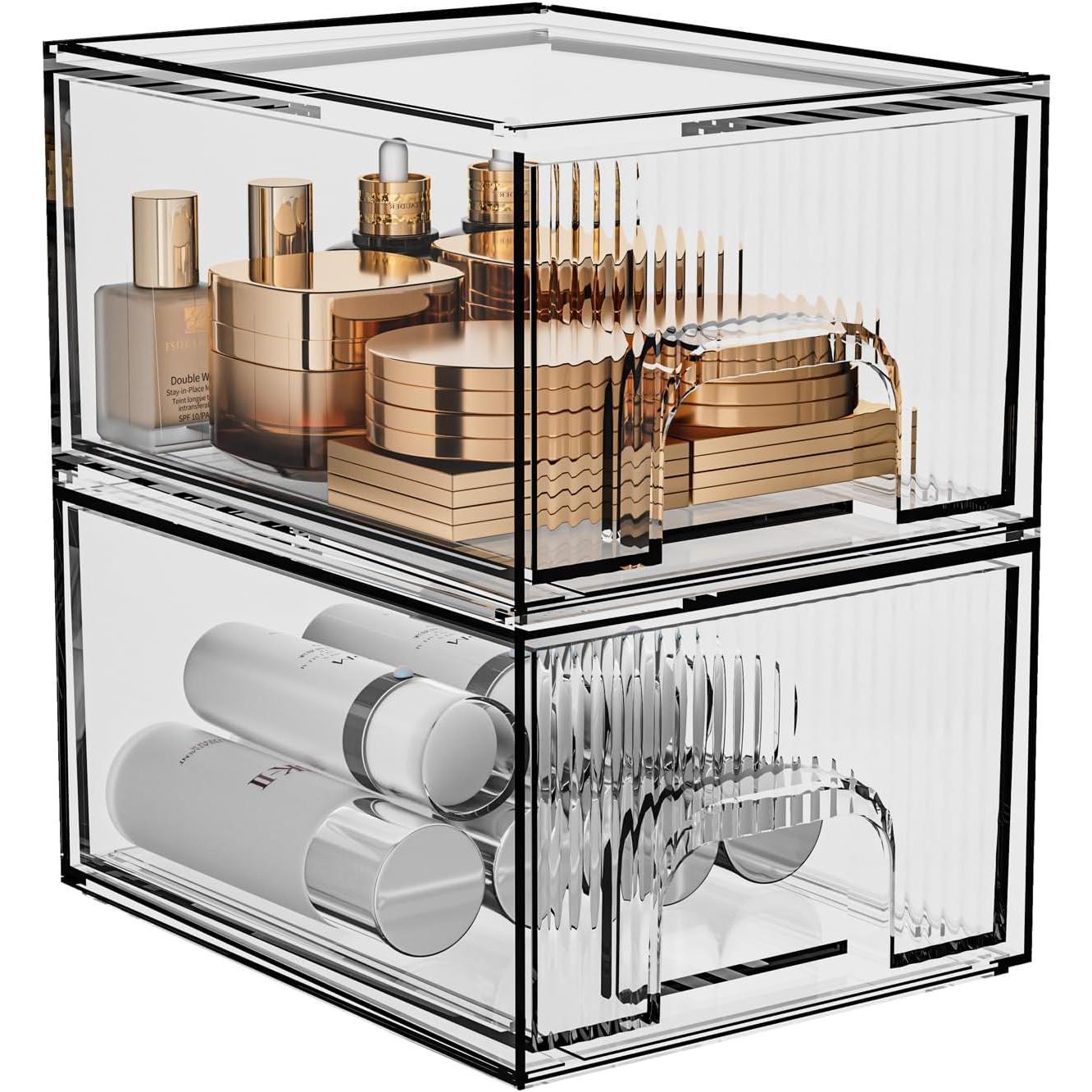 2 Pack Clear Stackable  Organizer,  Drawer, Plastic Organizer for Dresser, Vanity, Kitchen Cabinet, Pantry, Home Organization and Storage