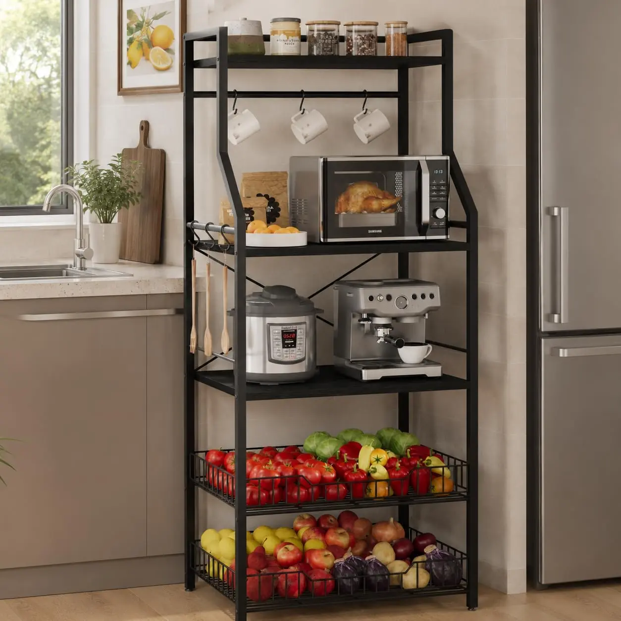 Garvee 5-Tier Bakers Rack for Kitchen – Dual Wood Countertops, Large Metal Wire Baskets, 8 Hooks, Microwave Stand, Coffee Bar Station, Sturdy Storage Organizer Shelf for Kitchen, Dining, Living Room – Black