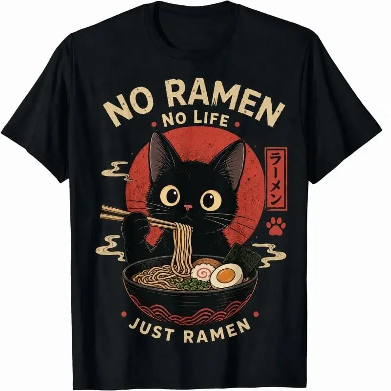 Funny Black Cat Ramen All Over Print Sports Top - Loose-Fitting, Fade-Resistant Fabric Tee for All Seasons, Any Body Type, Cat Lovers & Japanese Noodle Anime Style Enthusiasts